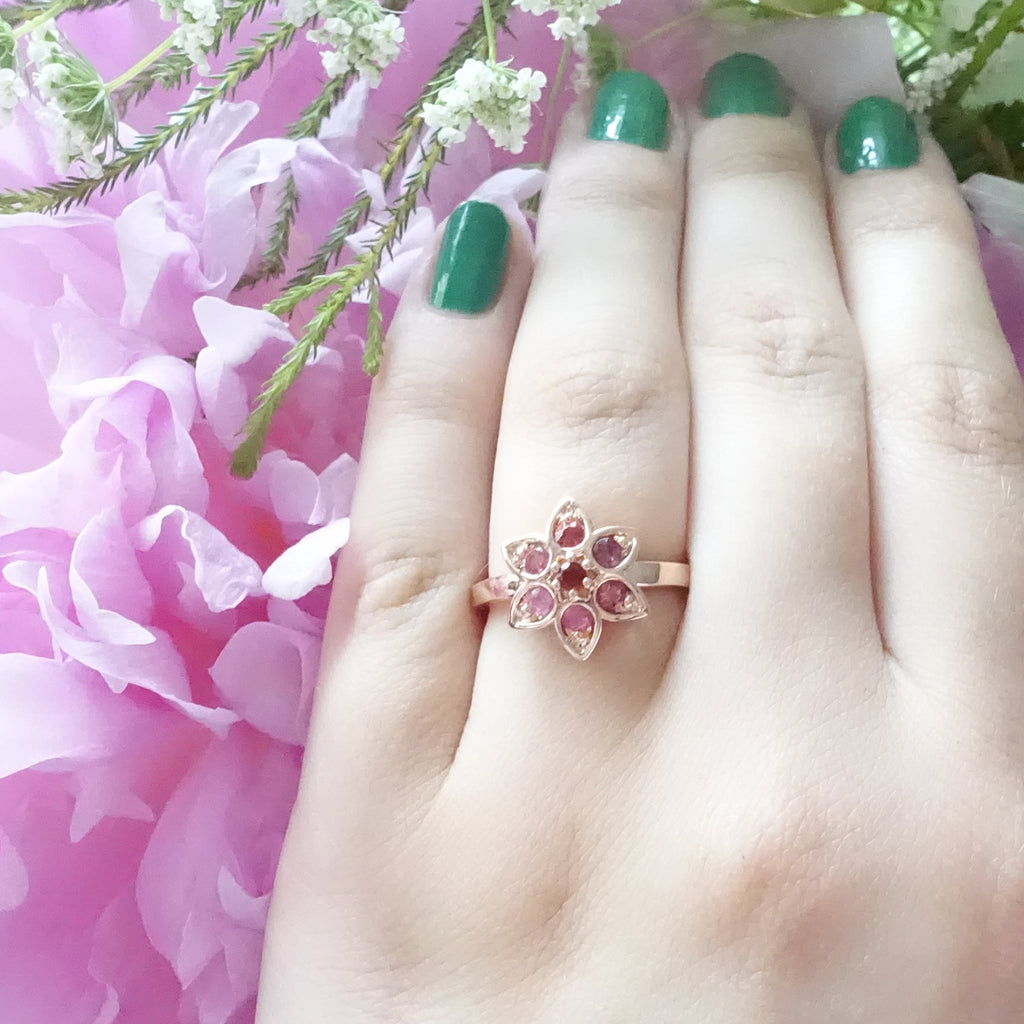 Berry Pink Tourmaline Star Tulip ring in 9 carat Rose Gold