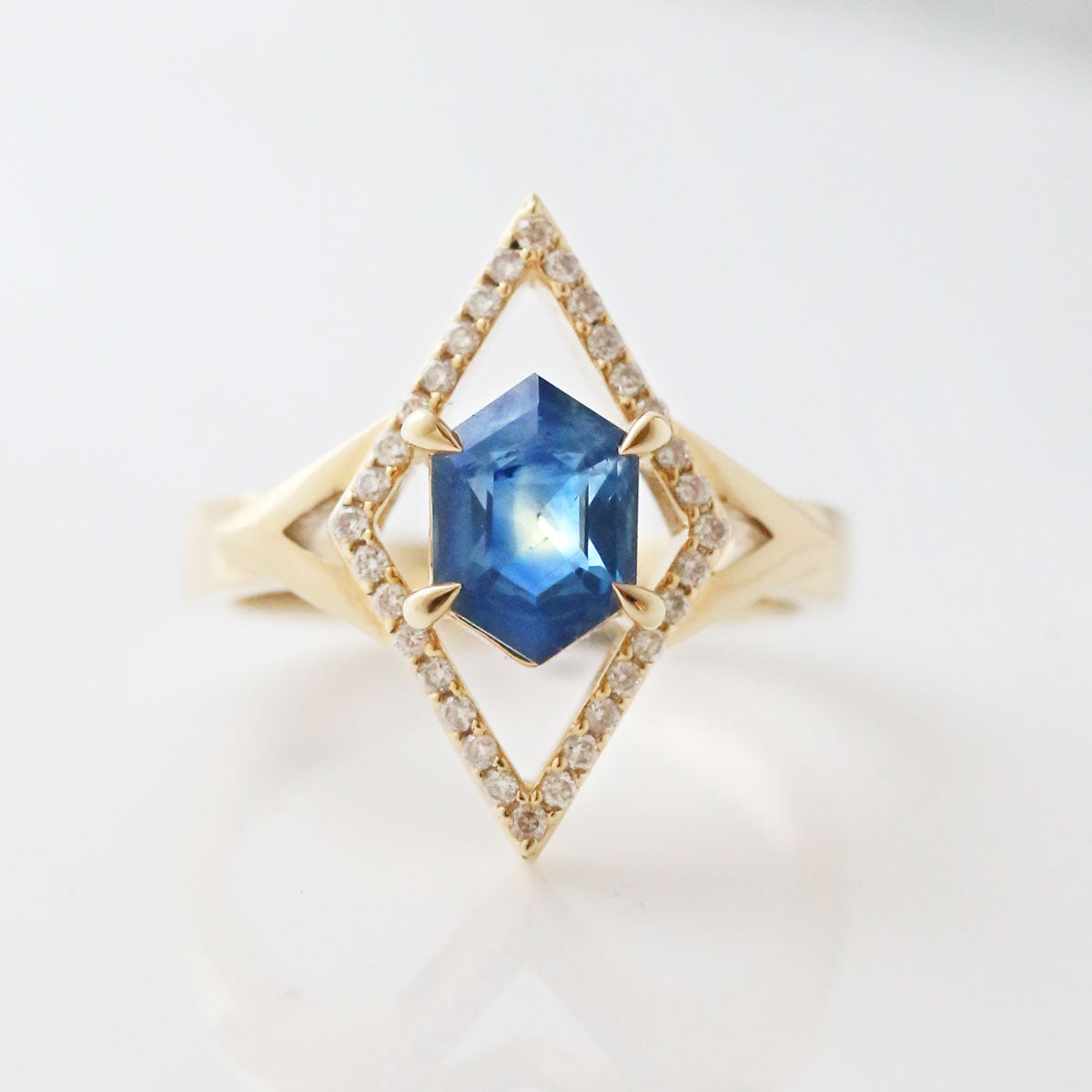 2 carat Deep Blue Opalescent Sapphire Helios Ring with Diamonds in 14 carat Yellow Gold