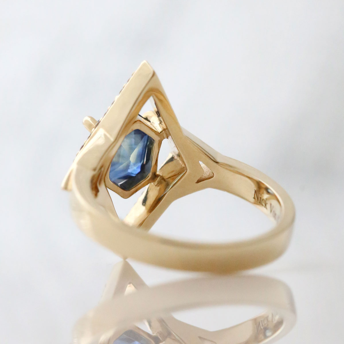 2 carat Deep Blue Opalescent Sapphire Helios Ring with Diamonds in 14 carat Yellow Gold