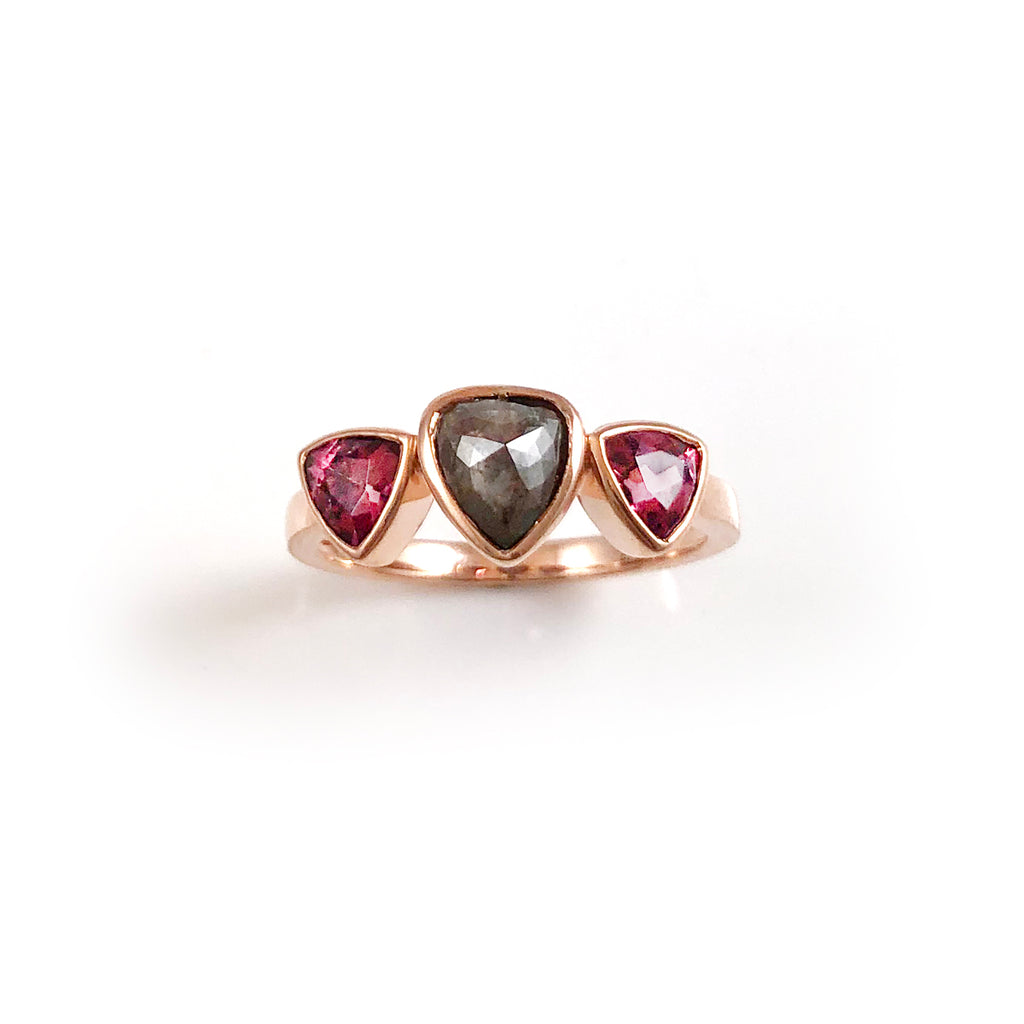 Black Diamond and Red Spinel Triple Trillion ring in 9 carat Rose Gold