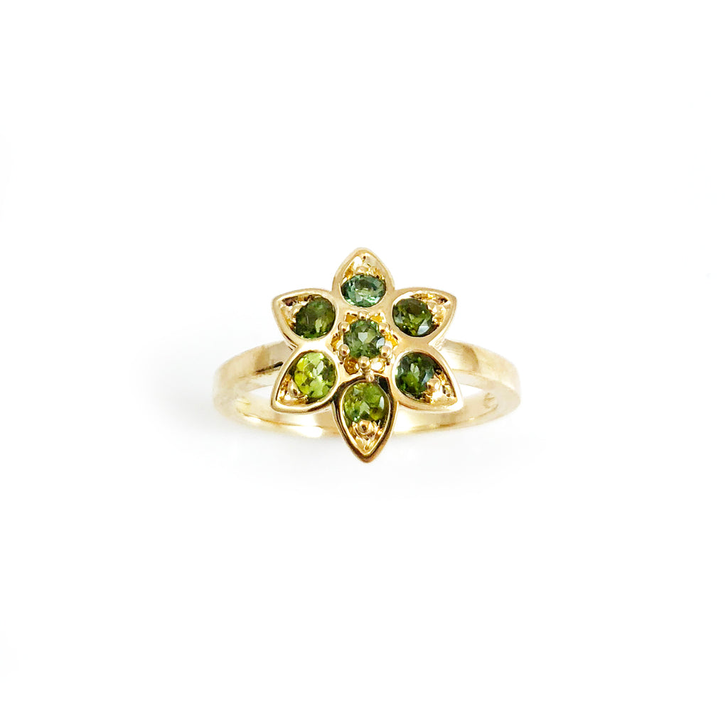 Blue and Green Tourmaline Star Tulip ring in 9 carat Yellow Gold