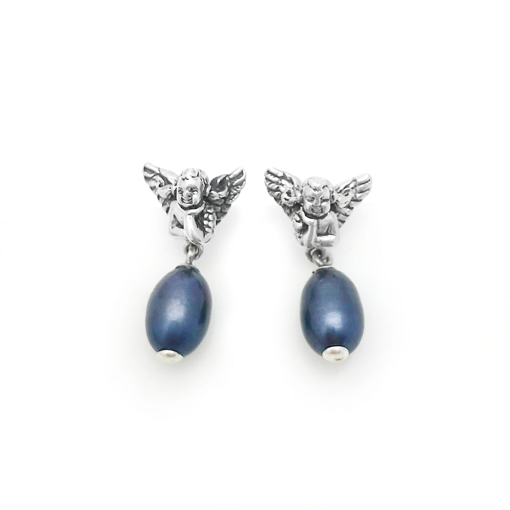 Cherub Pearl Earrings with Dark Oval Pearls