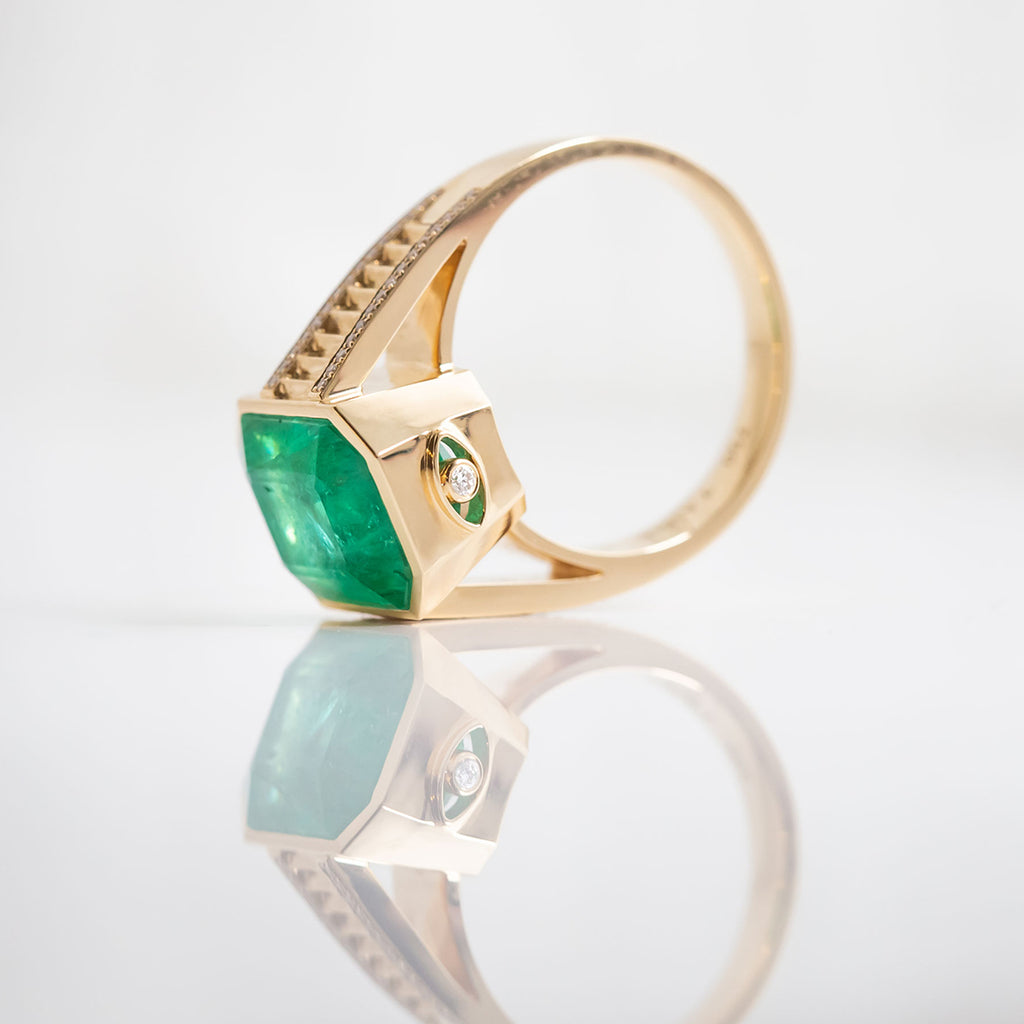 7.41 carat Emerald 'Stairway to the Emerald Dance Floor' ring in solid 18 carat Yellow Gold