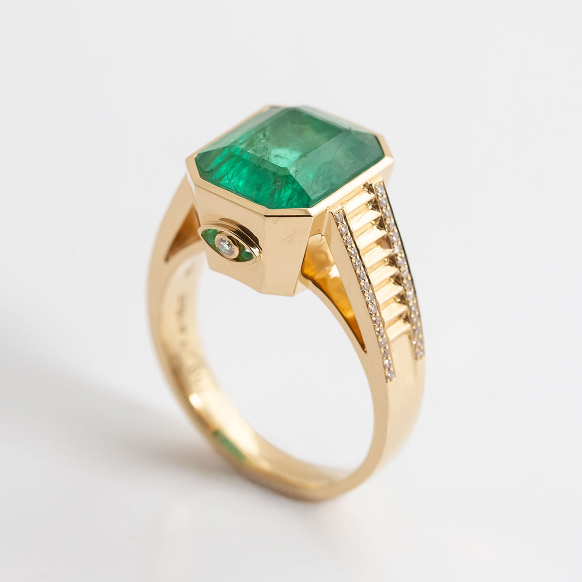 7.41 carat Emerald 'Stairway to the Emerald Dance Floor' ring in solid 18 carat Yellow Gold