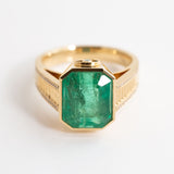 7.41 carat Emerald 'Stairway to the Emerald Dance Floor' ring in solid 18 carat Yellow Gold