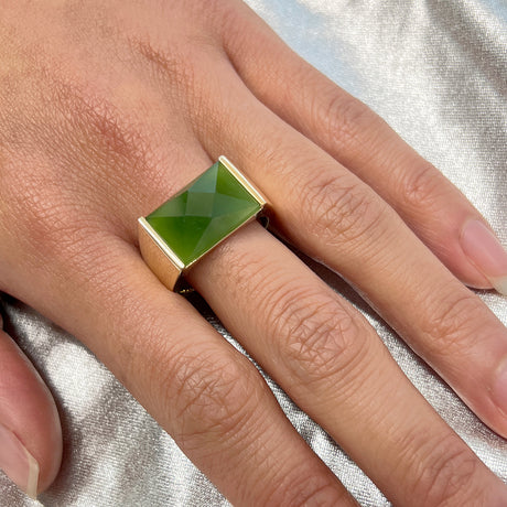 Large Faceted Pounamu Elemental ring in 9 carat Yellow Gold