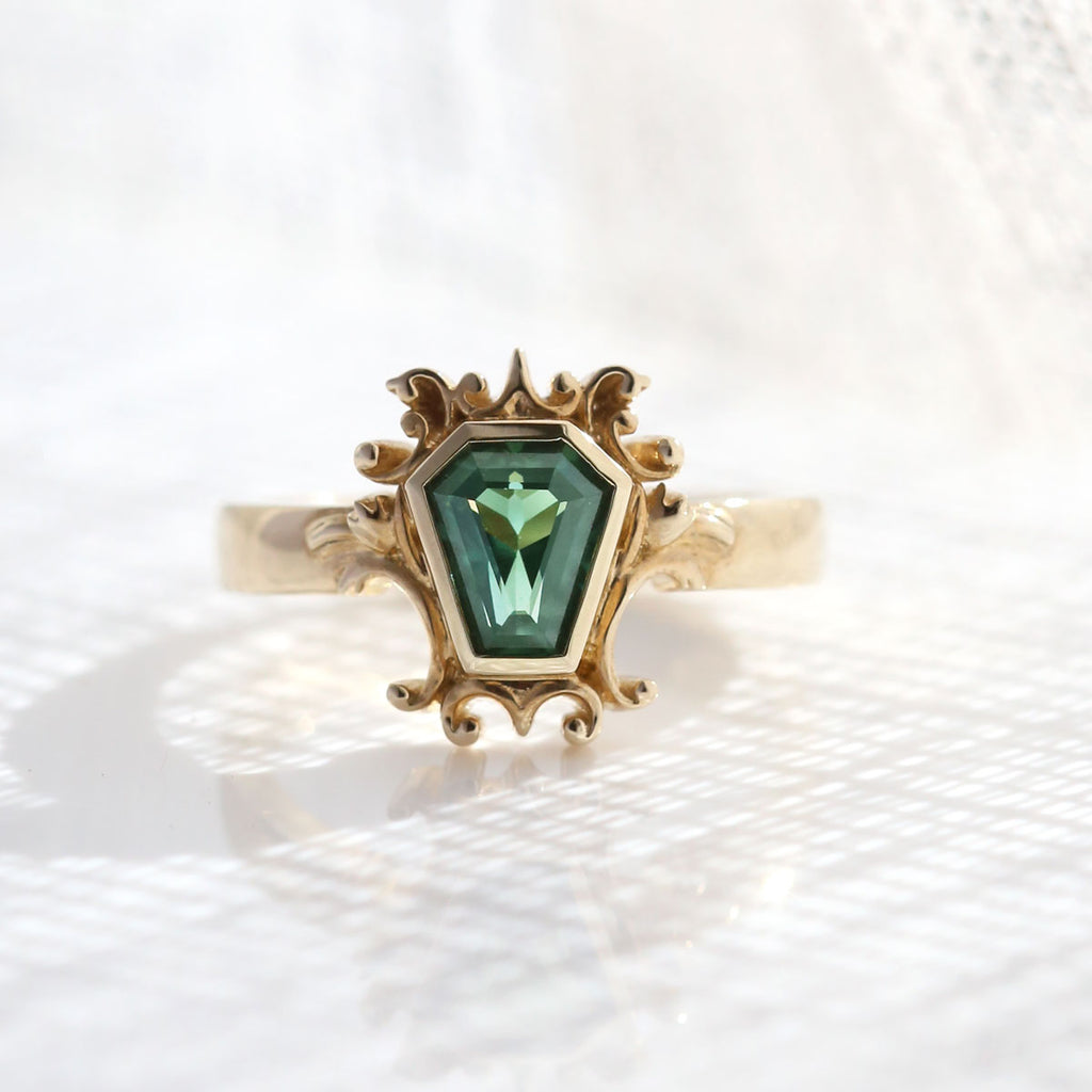 1.57 carat Deep Forest Green Sapphire Filligree Frame Ring in 9 carat Yellow Gold