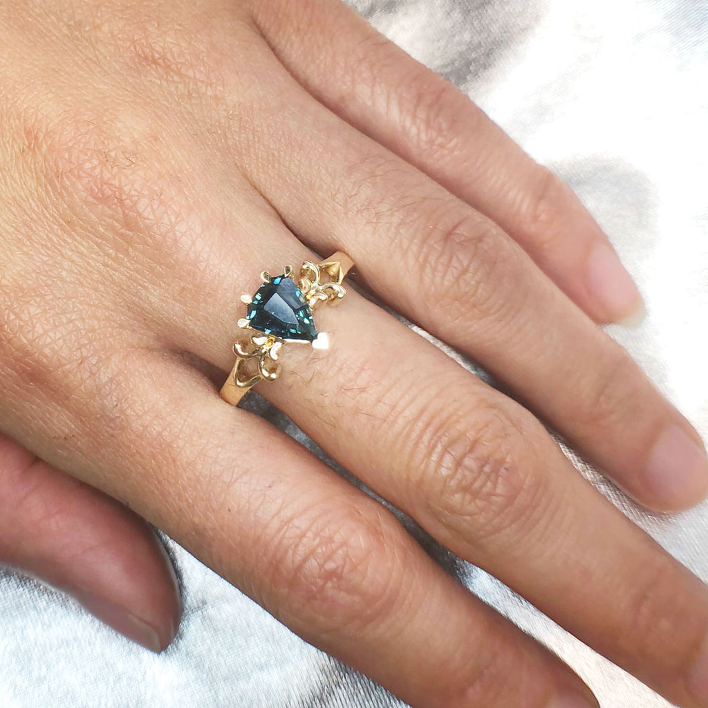 1.6 carat Dark Peacock Blue Shield Sapphire French Filigree Ring in 14 carat Yellow Gold