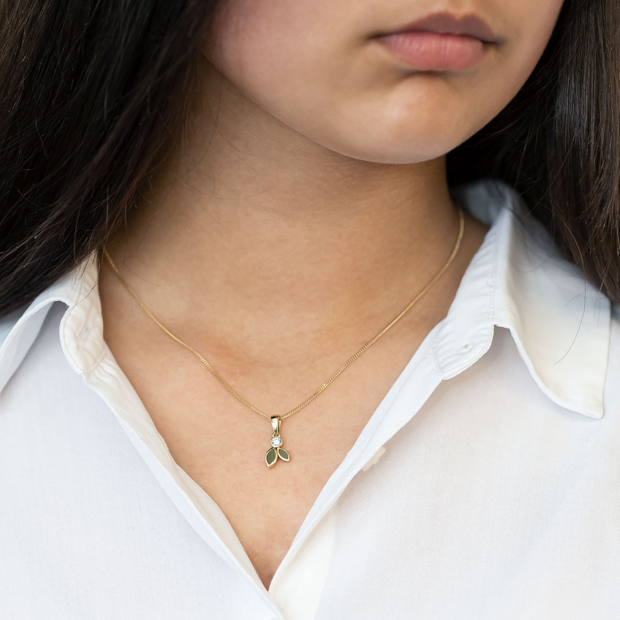 Pounamu and Diamond Blossom pendant in 9 carat Yellow Gold