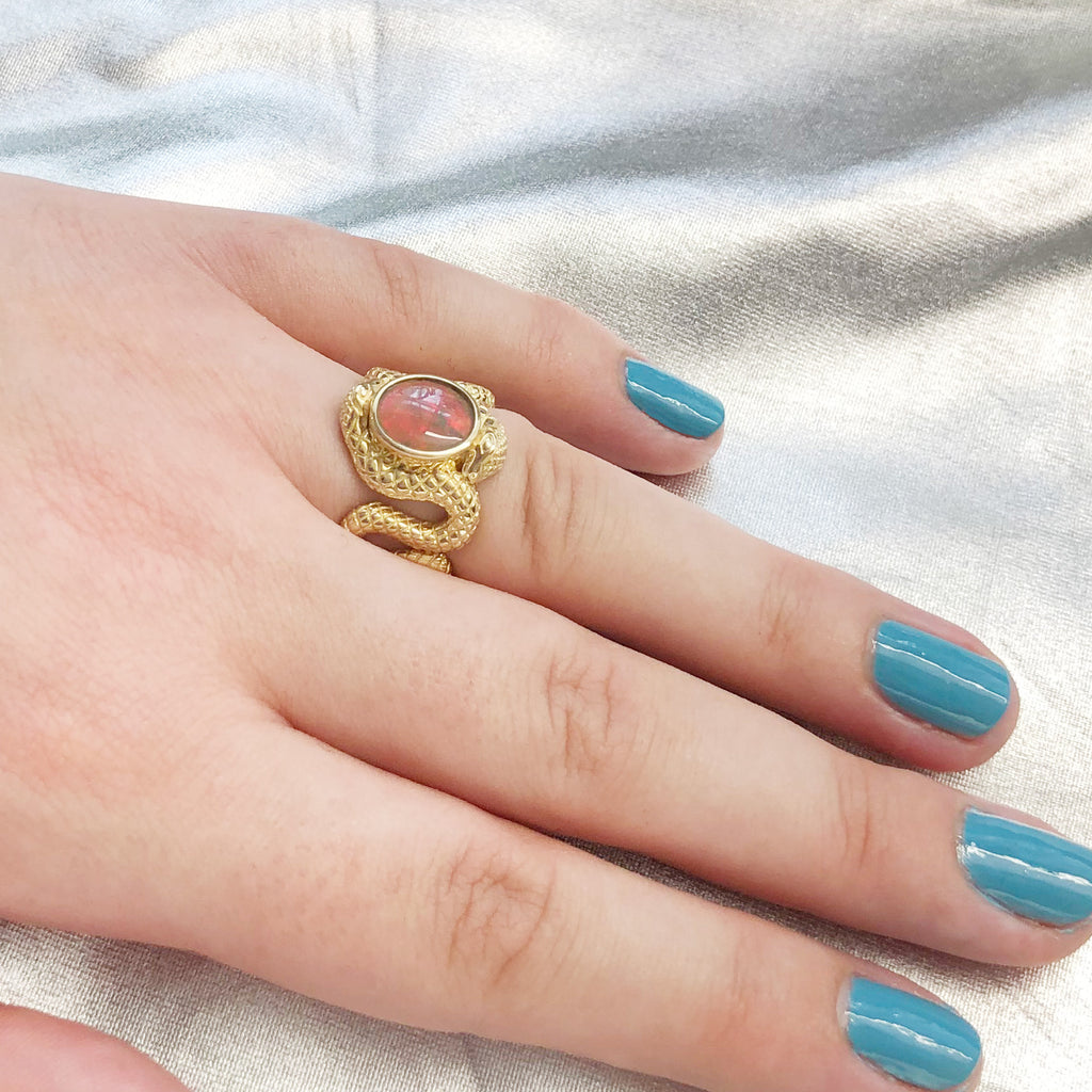 Bright Neon Red Opal Double Snake Ring in 9 carat Yellow Gold