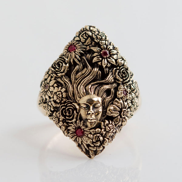 Flower Goddess ring with Rubies in solid 9 carat Yellow Gold