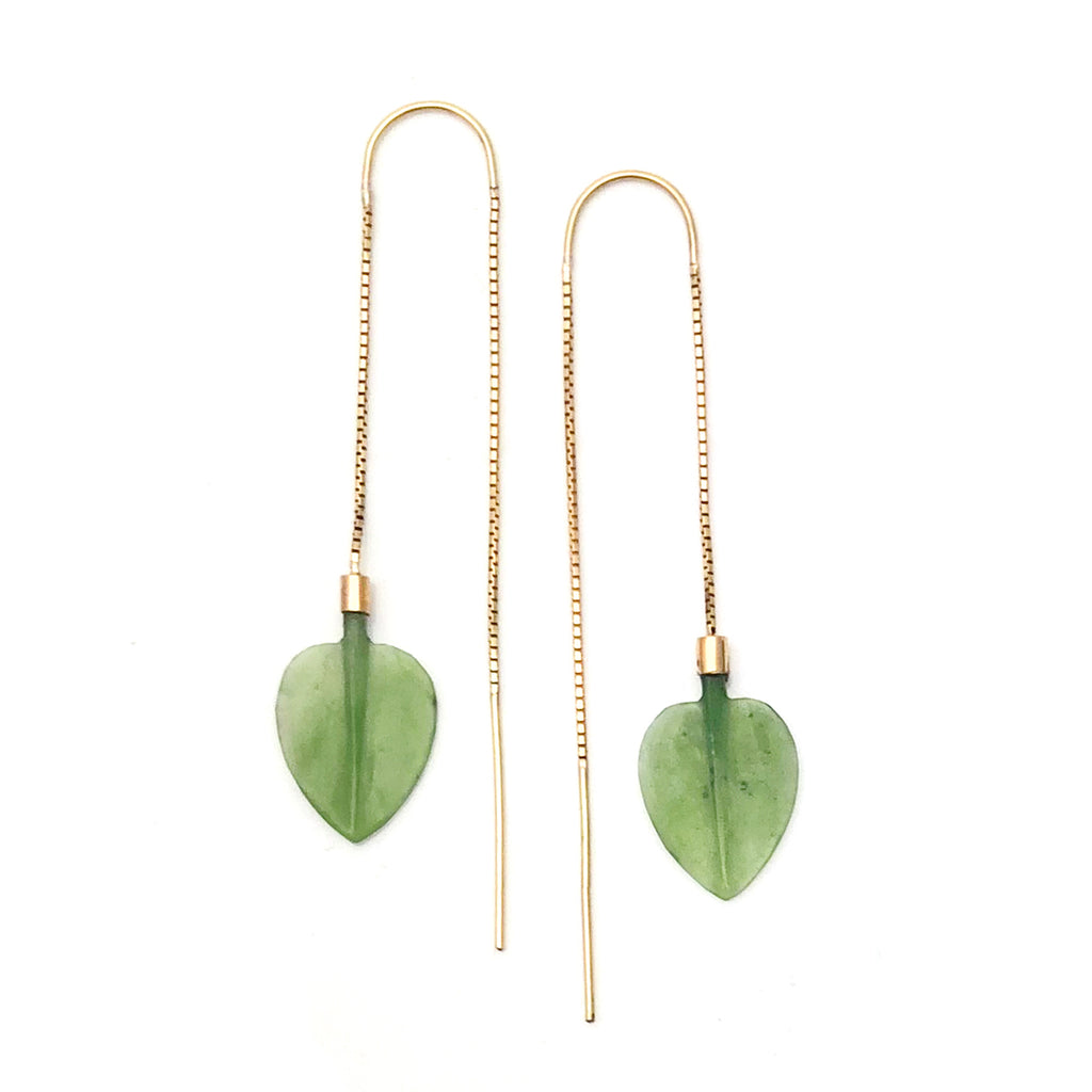 14 carat Gold Pounamu Leaf Chain Earrings