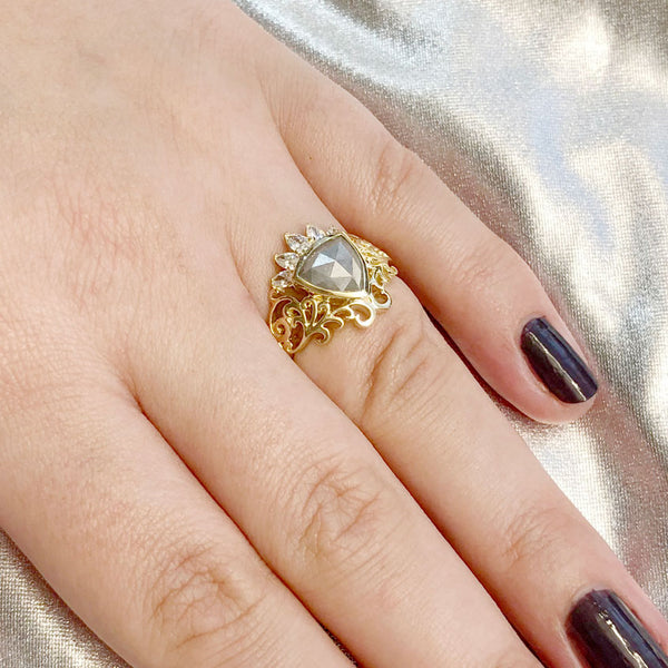 Grey Mist Diamond Tiara Filigree ring with White Diamonds in 9 carat Yellow Gold