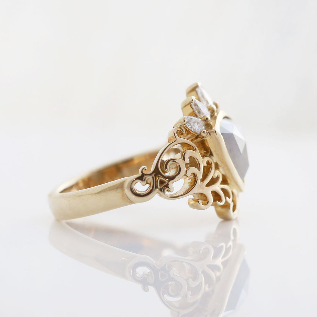 Grey Mist Diamond Tiara Filigree ring with White Diamonds in 9 carat Yellow Gold