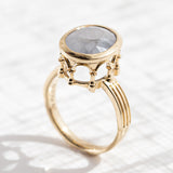 6.34 carat Grey Stormcloud Sapphire Colosseum ring in 9 carat Yellow Gold