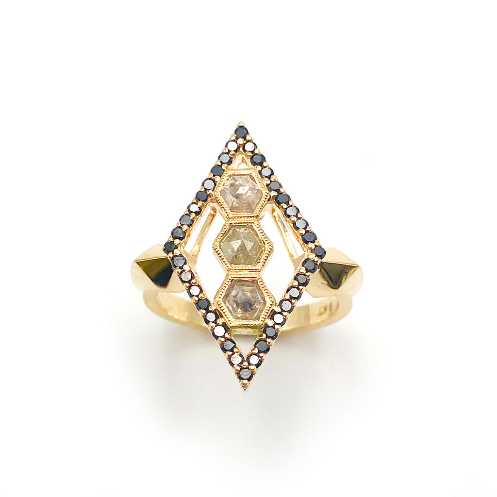 Interdimensional Ring with a triple set of hexagon cut Salt and Pepper Diamonds, surrounded in Black Diamonds and set in 9 carat Yellow Gold