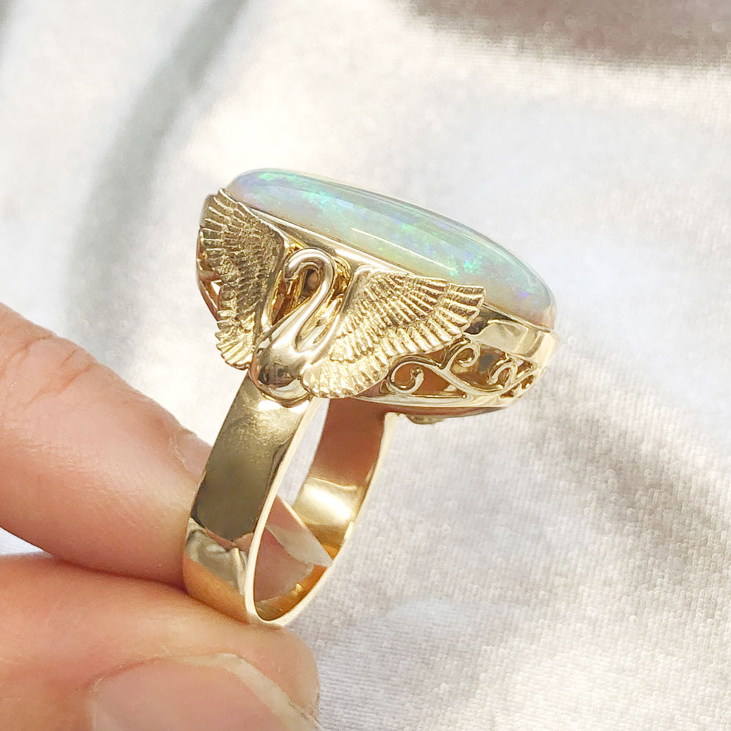 Super Large 24.5 carat Opal Swan Queen Ring in 9 carat Yellow Gold