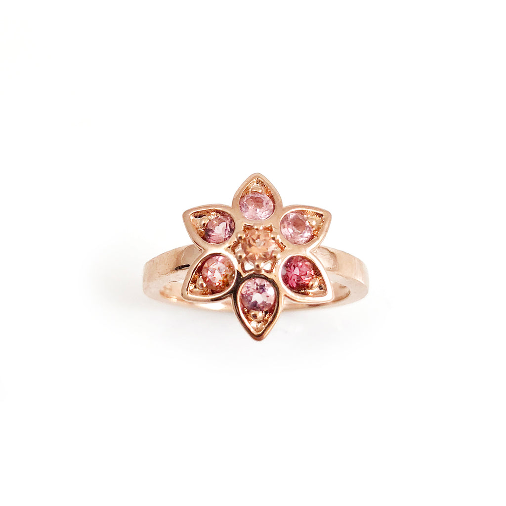 Baby Pink with 1 Hot Pink Tourmaline Star Tulip ring in 9 carat Rose Gold