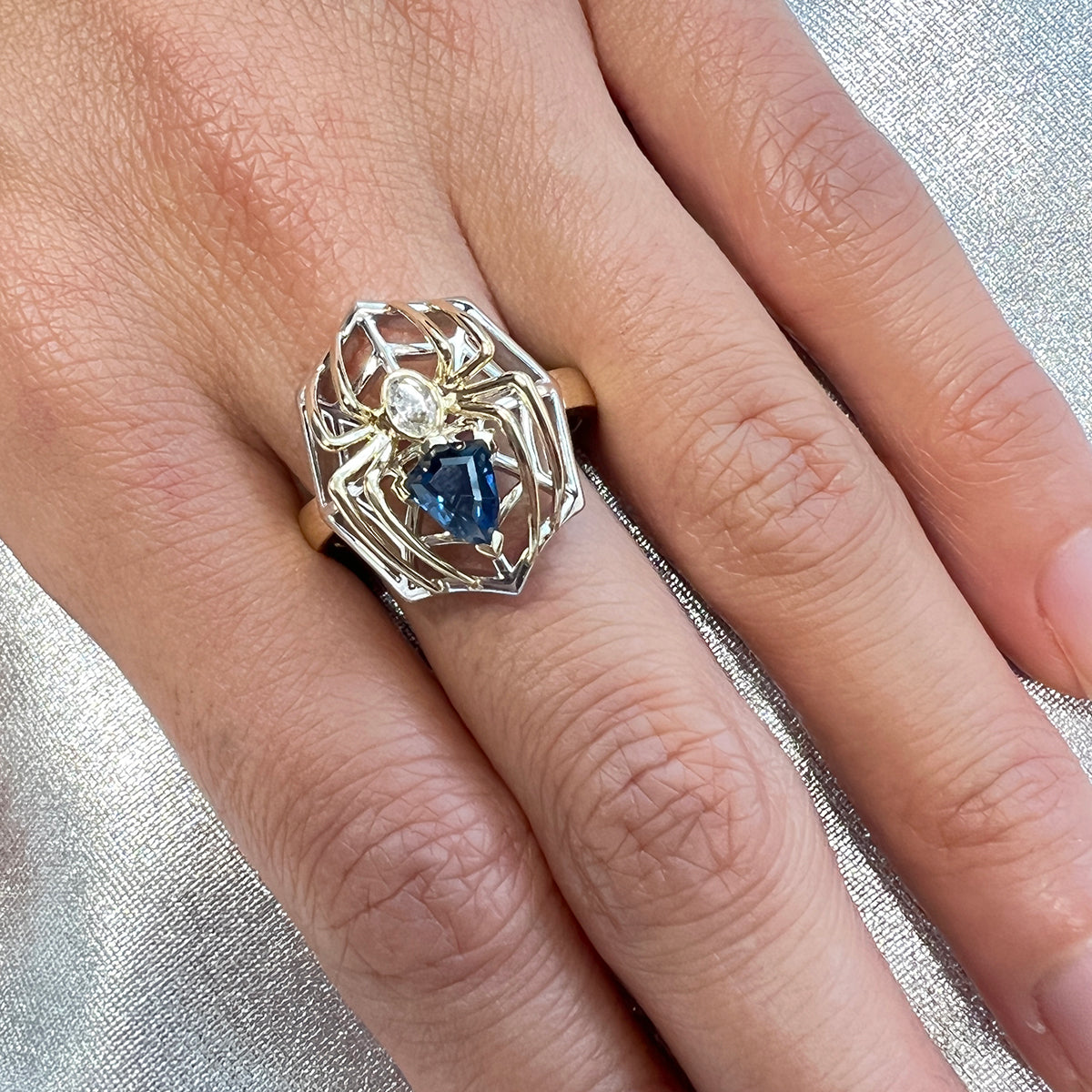 Blue Sapphire and Diamond Nouveau Spider Ring in 9 carat White and Yellow Gold