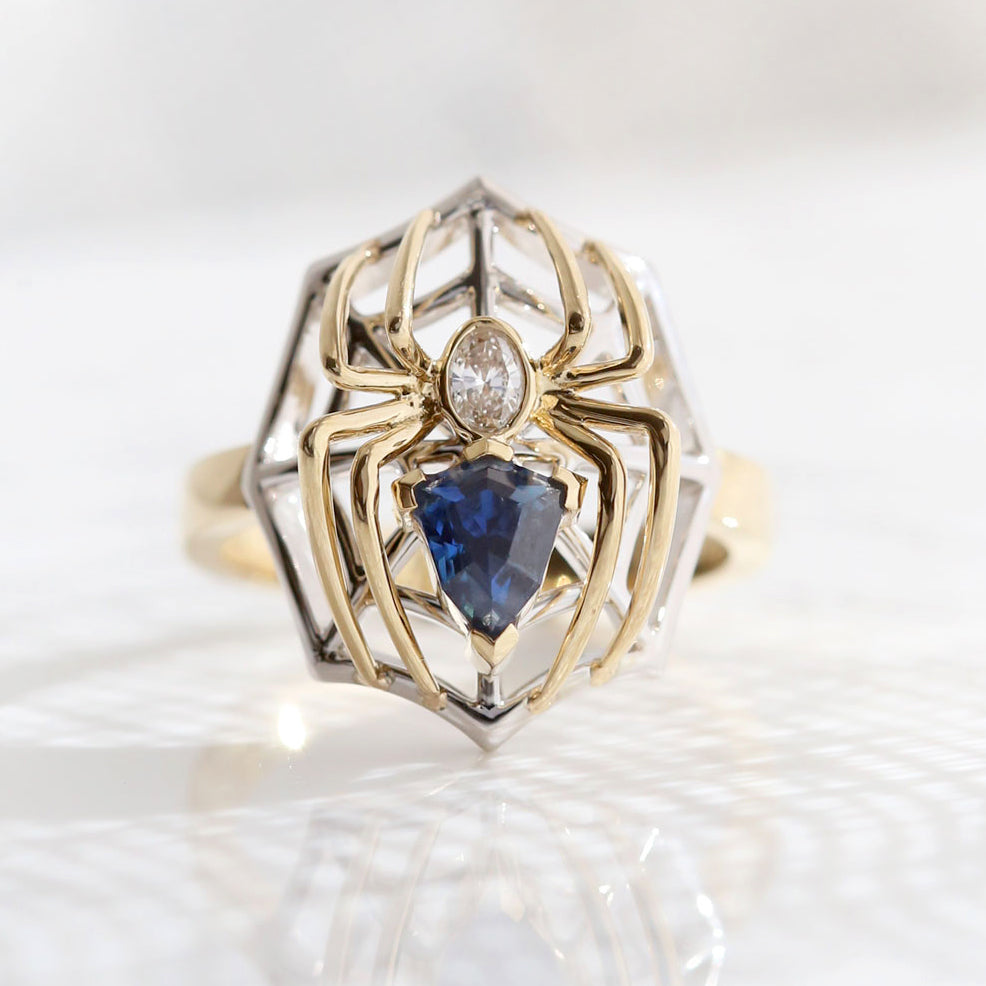 Blue Sapphire and Diamond Nouveau Spider Ring in 9 carat White and Yellow Gold