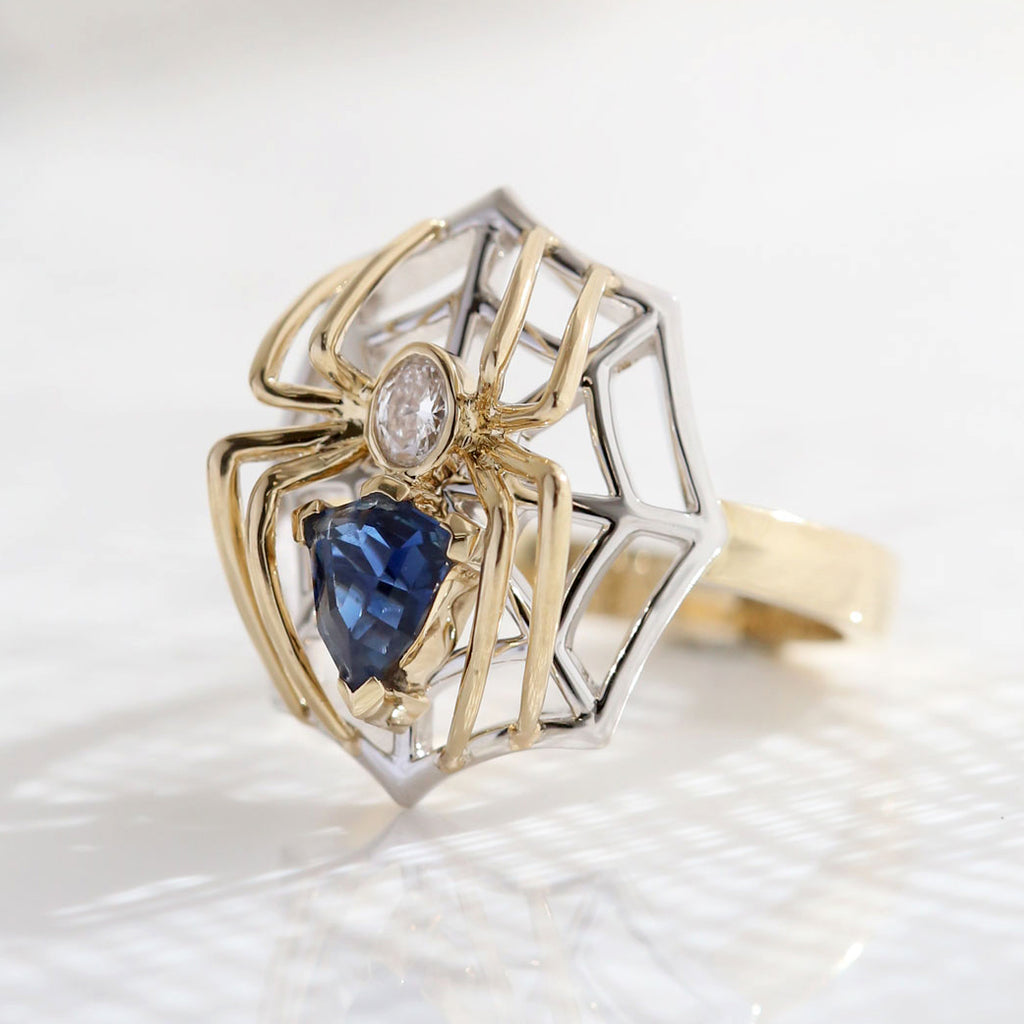 Blue Sapphire and Diamond Nouveau Spider Ring in 9 carat White and Yellow Gold
