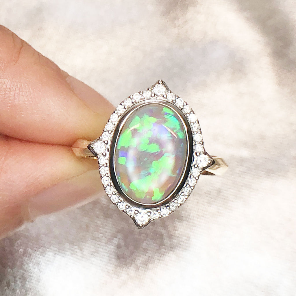 2.11 carat Neon Green/Blue Floral Opal Angelique Ring in 9 carat Yellow and White Gold