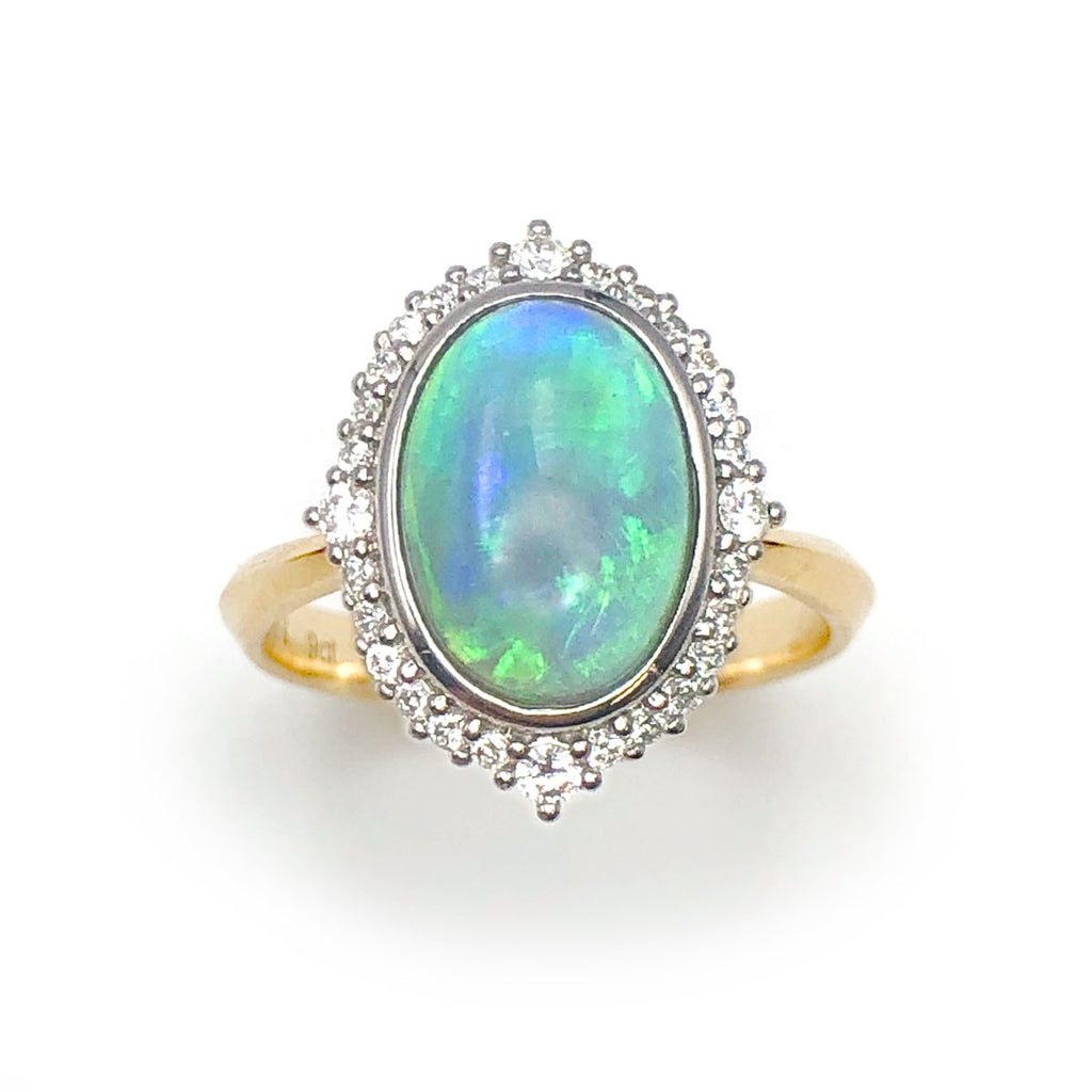2.82 carat Blue/Green Flashfire Opal Angelique Ring in 9 carat White and Yellow Gold