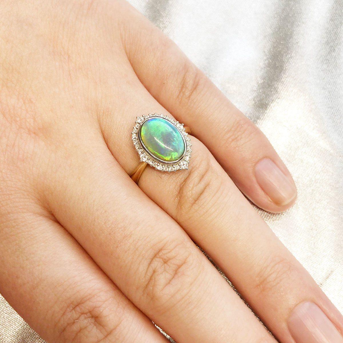 2.82 carat Blue/Green Flashfire Opal Angelique Ring in 9 carat White and Yellow Gold