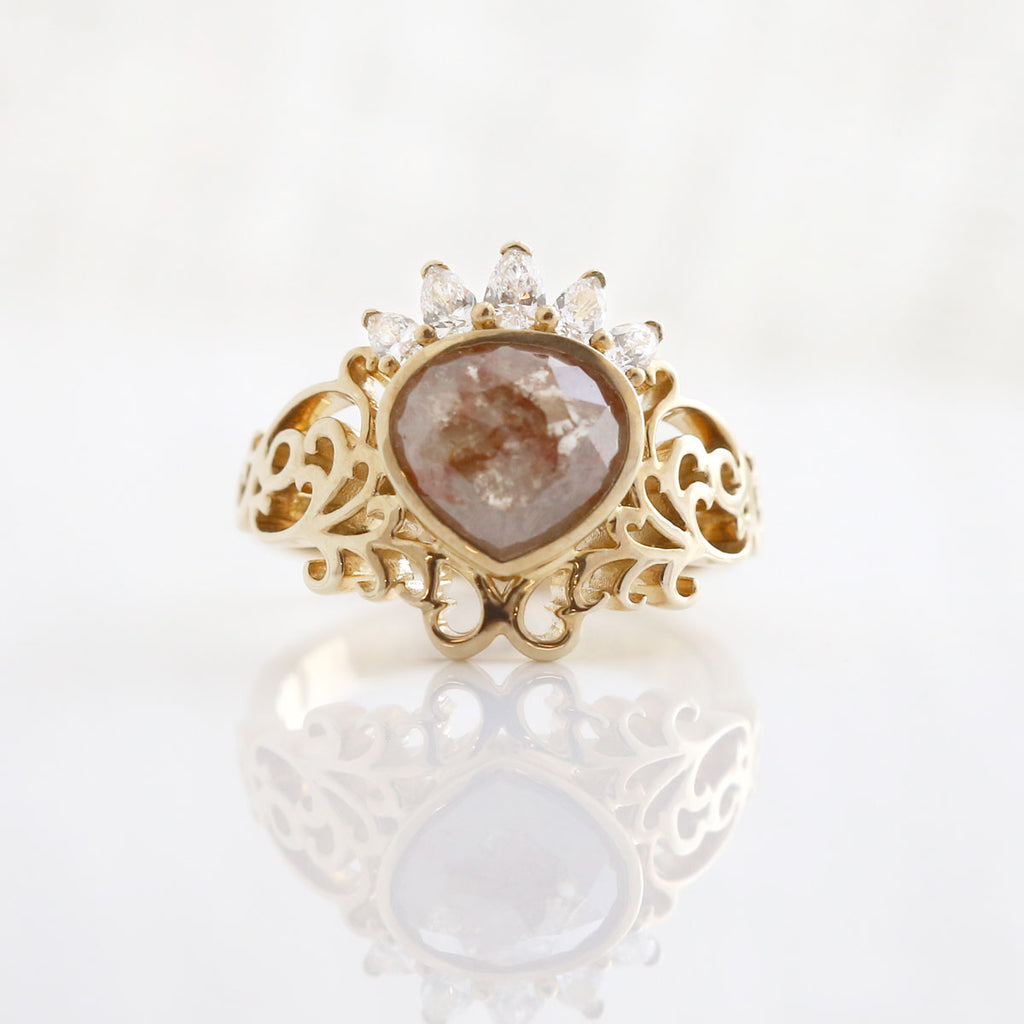 Peachy Grey Diamond Tiara Filigree ring with White Diamonds in 9 carat Yellow Gold