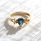 1.6 carat Dark Peacock Blue Shield Sapphire French Filigree Ring in 14 carat Yellow Gold