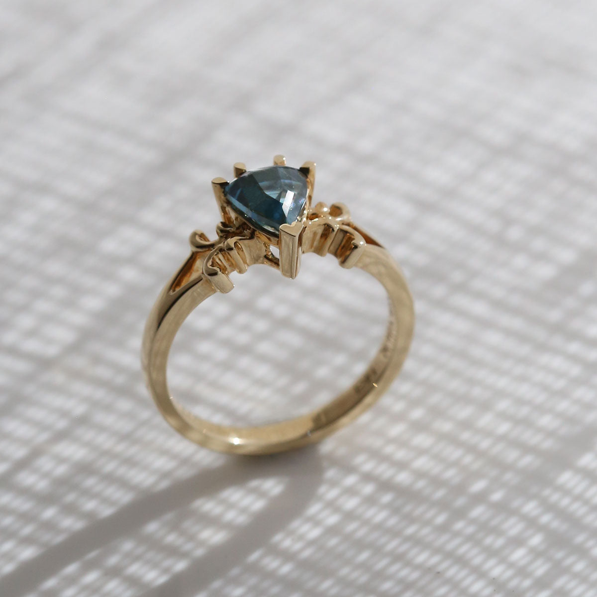 1.6 carat Dark Peacock Blue Shield Sapphire French Filigree Ring in 14 carat Yellow Gold