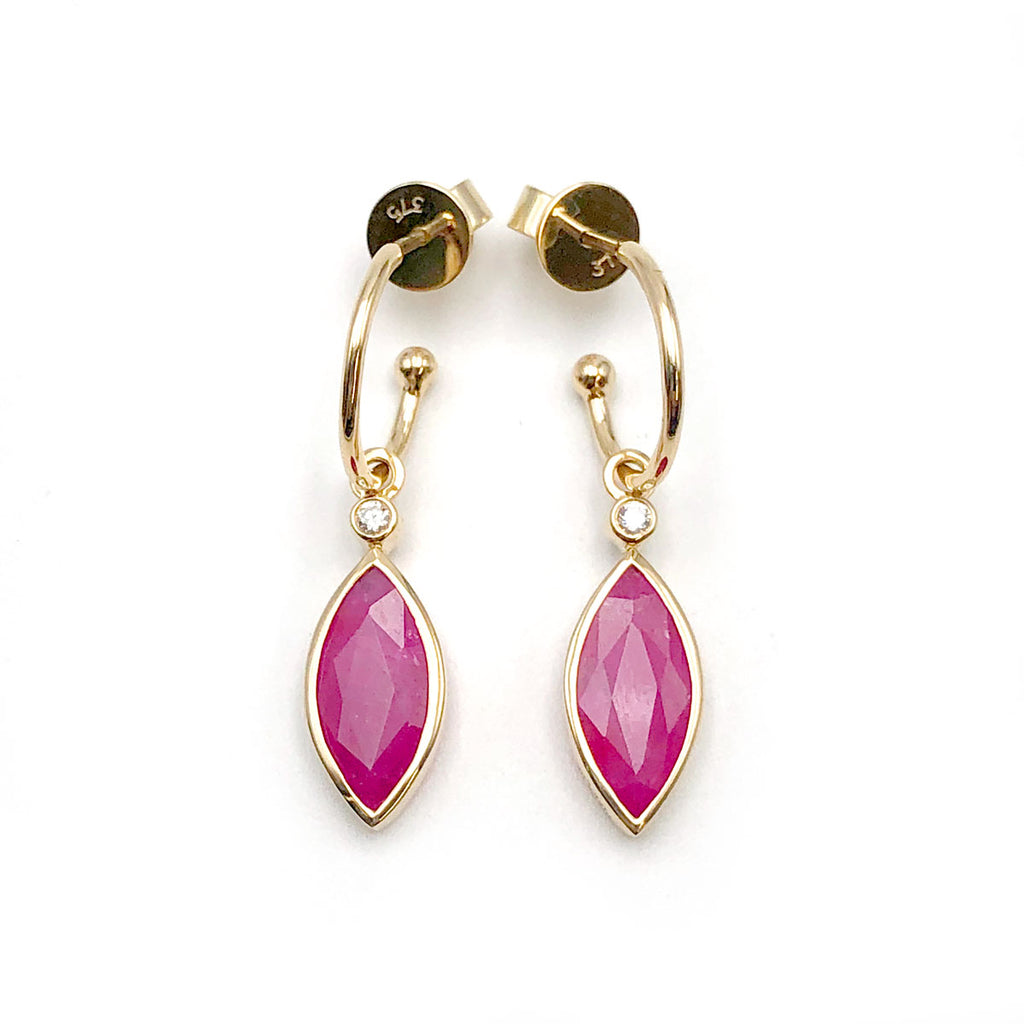 Gorgeous Pink Ruby Marquise and Diamond earrings in 9 carat Yellow Gold