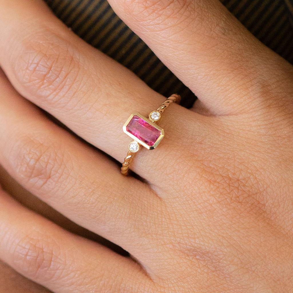 Sherbet Pink Tourmaline Tiny Treasure Ring in 9 carat Yellow Gold