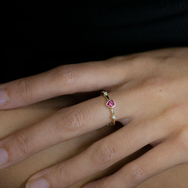 Rose Pink Tear Drop Garnet Tiny Treasure Ring in 9 carat Yellow Gold