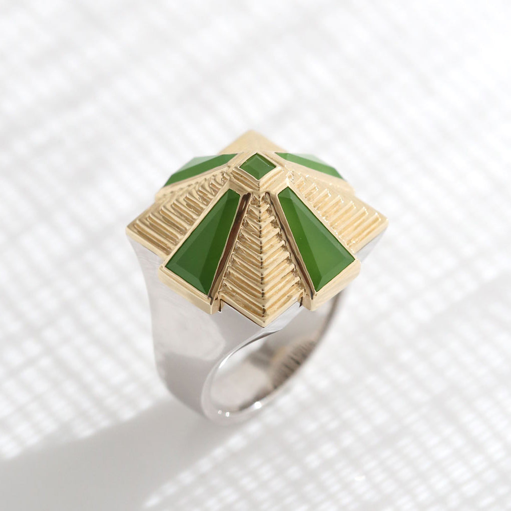 Epic Pounamu Ziggurat ring in 9 carat Yellow and White Gold