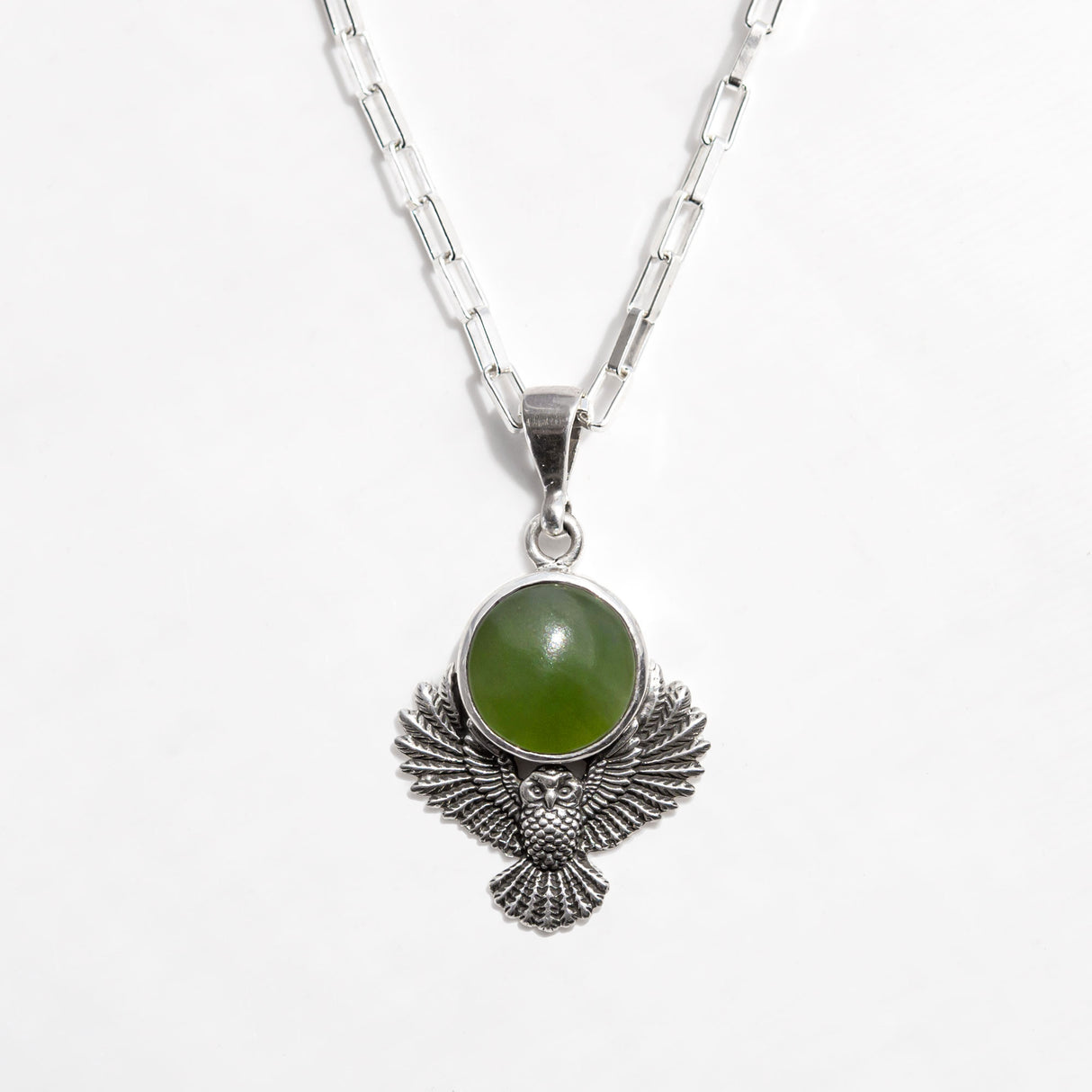 Pounamu Owl Guardian Pendant in Sterling Silver