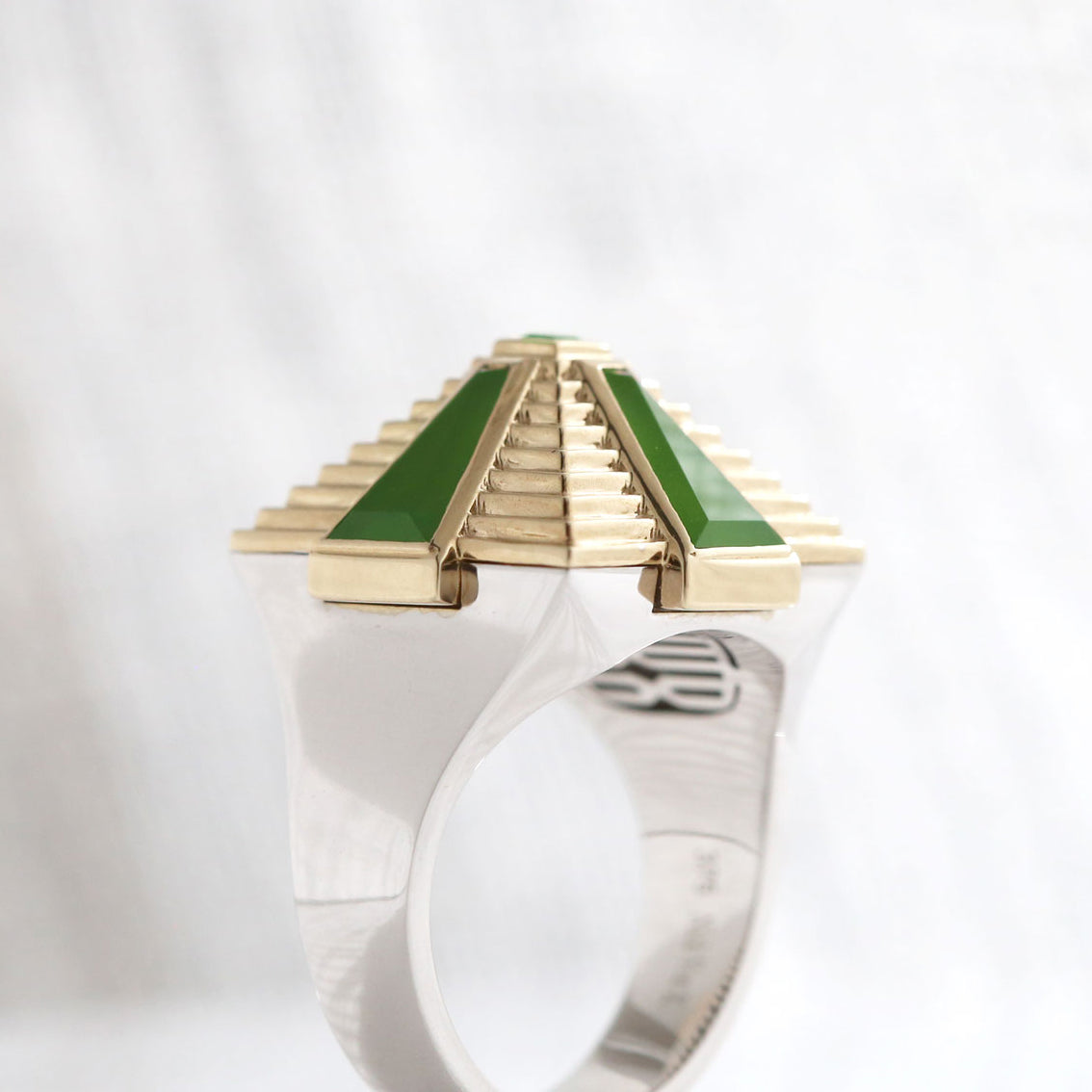 Epic Pounamu Ziggurat ring in 9 carat Yellow and White Gold