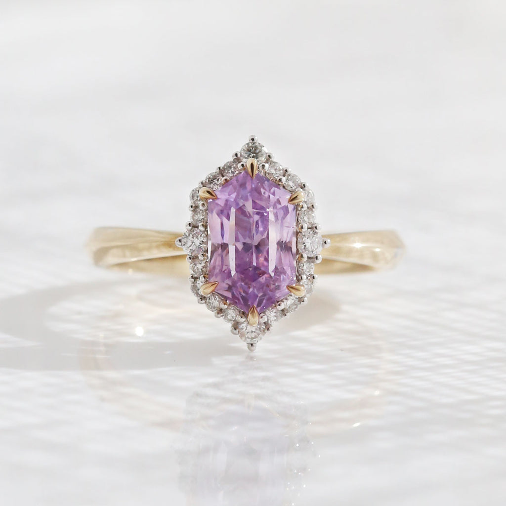 2.17 carat Purple Hexagon Sapphire and Diamond Angelique Ring in 9 carat Yellow and White Gold
