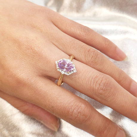 2.17 carat Purple Hexagon Sapphire and Diamond Angelique Ring in 9 carat Yellow and White Gold