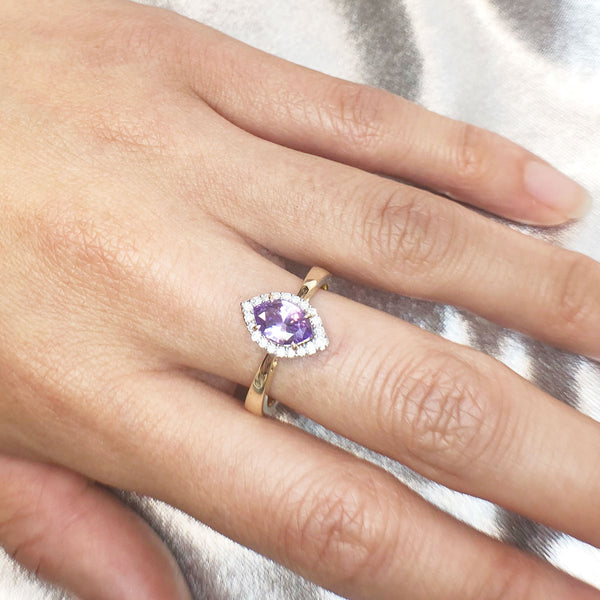 1.02 carat Purple Sapphire Marquis with Diamond Halo in 14 carat Yellow and White Gold
