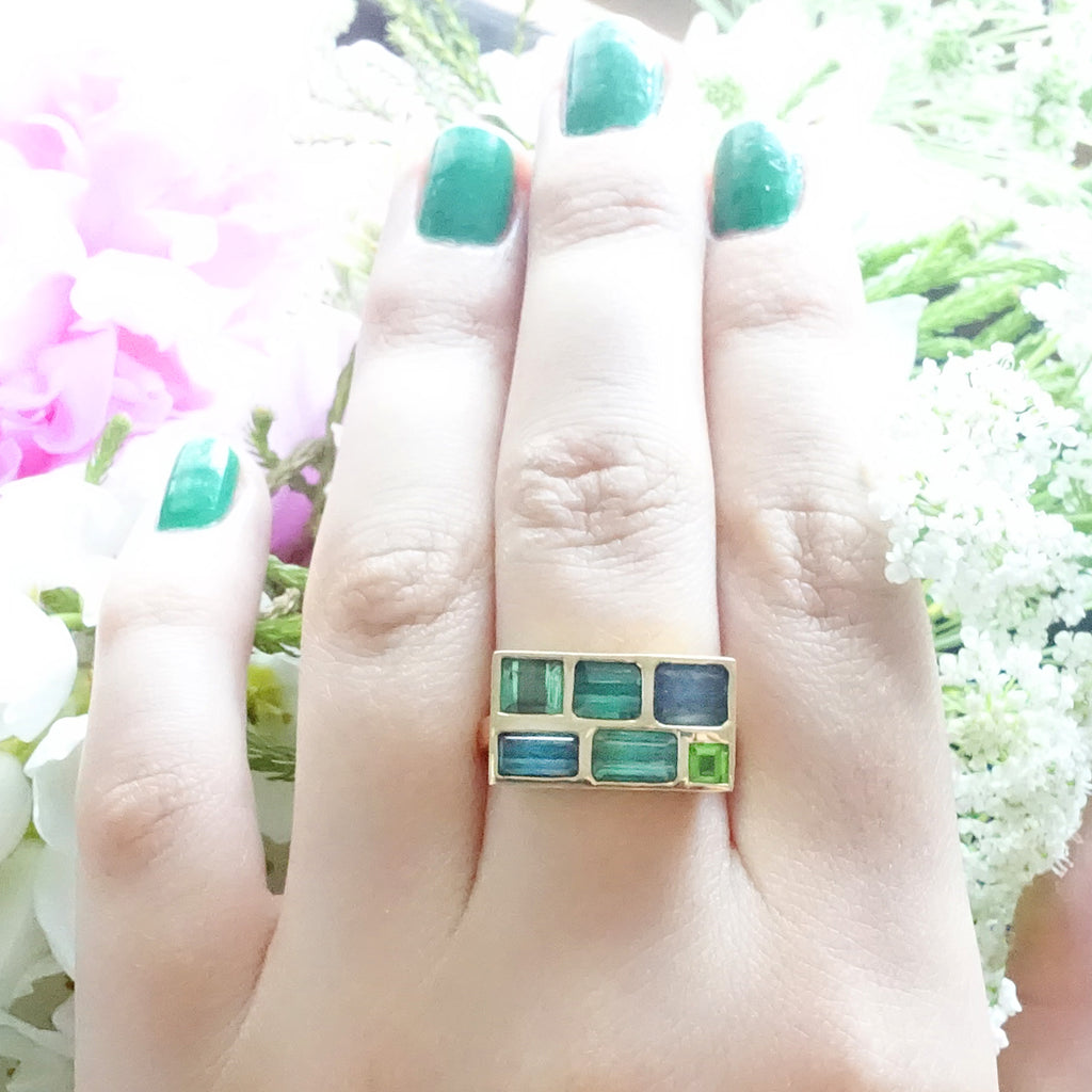 Blue and Green Tourmaline Landscape Rectangle Mosaic ring set in 9 carat Yellow Gold