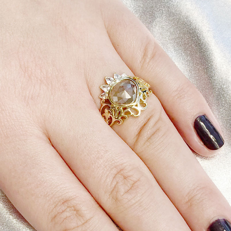 Peachy Grey Diamond Tiara Filigree ring with White Diamonds in 9 carat Yellow Gold