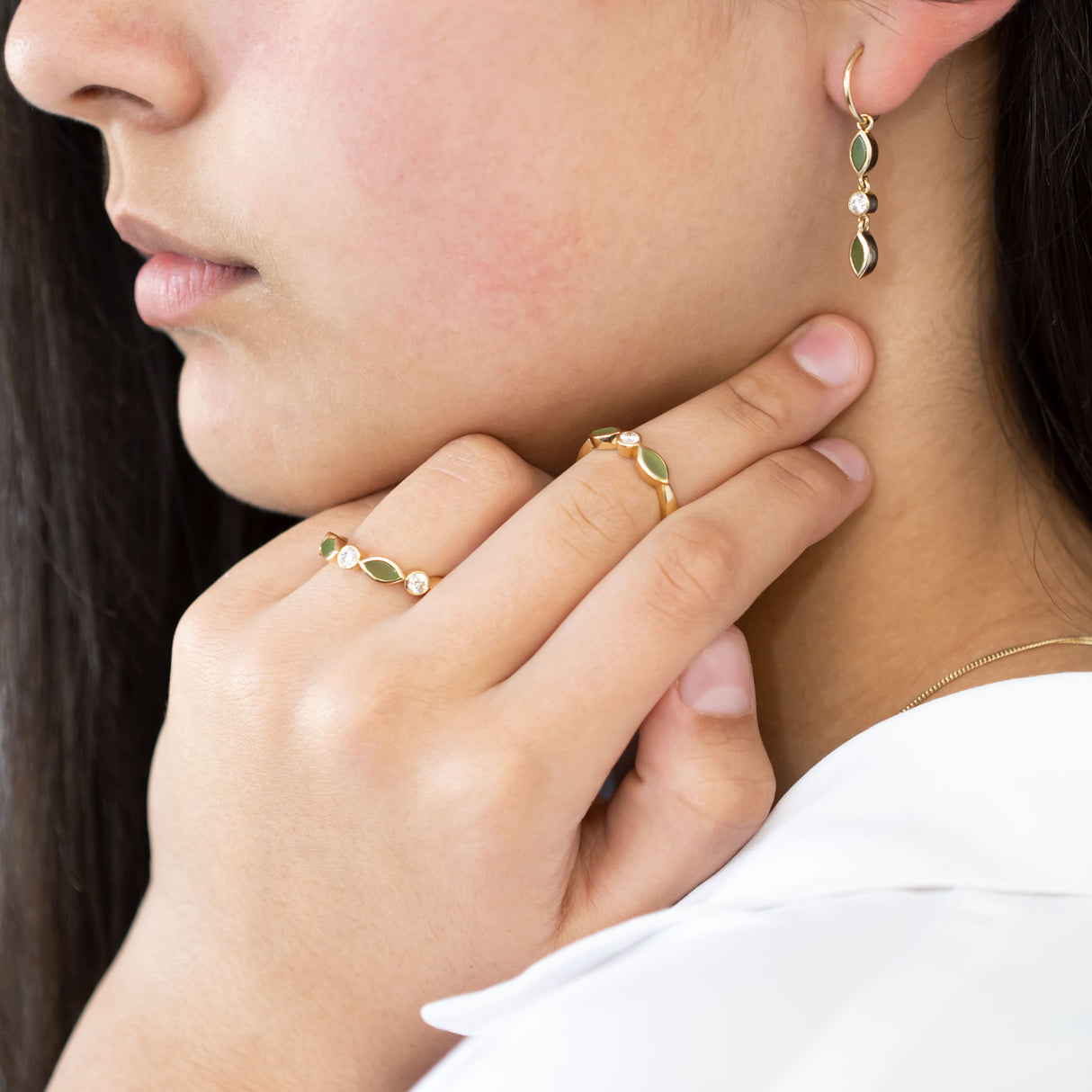 Pounamu and Diamond Blossom drops in 9 carat Yellow Gold