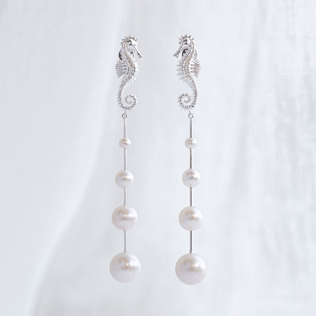 Seahorse Pearl Drop Earrings in Sterling Silver