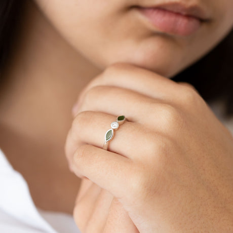 Pounamu and Cubic Zirconia Blossom ring in Sterling Silver