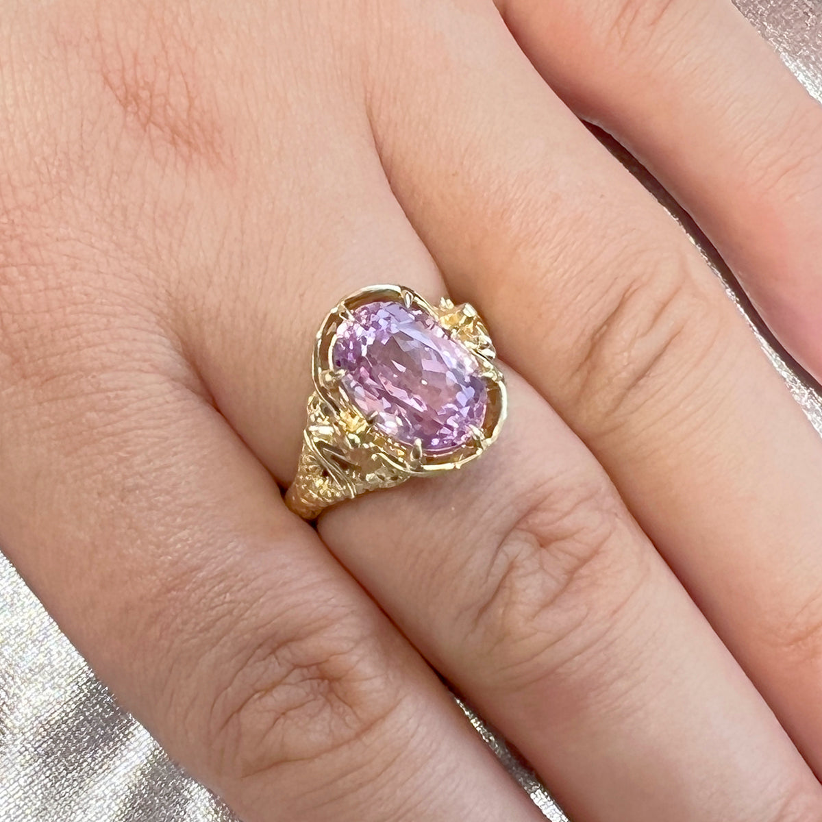 5.5 carat Pink Kunzite Oval Fey Queen Ring in 9 carat Yellow Gold