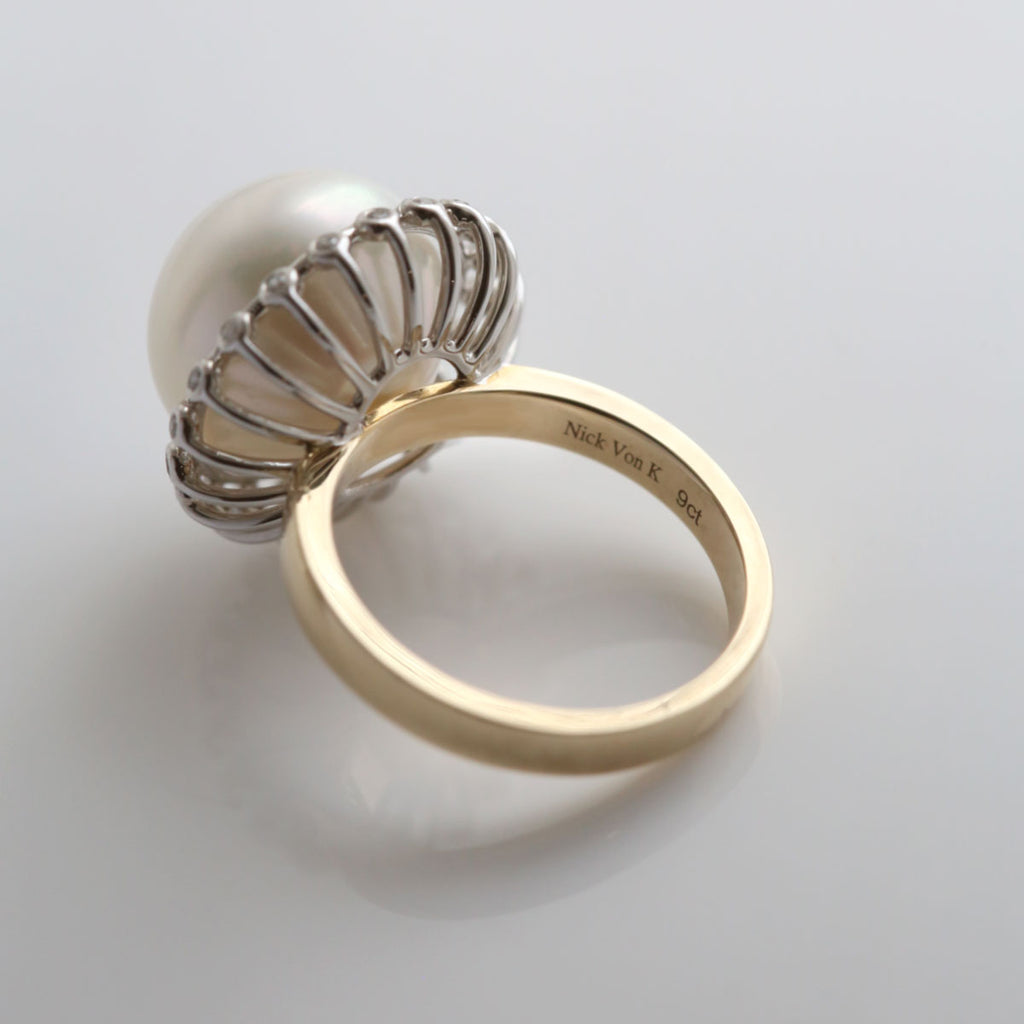 Super large South Sea Pearl Mermaid Ring with Diamonds in 9 carat Yellow and White Gold