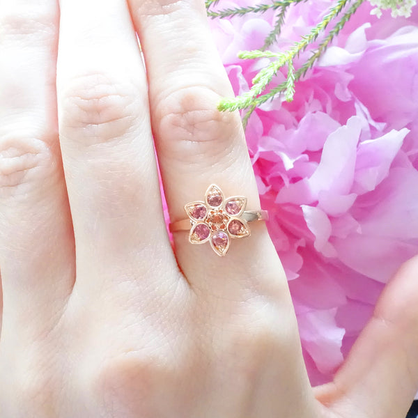 Baby Pink and Apricot Tourmaline Star Tulip ring in 9 carat Rose Gold