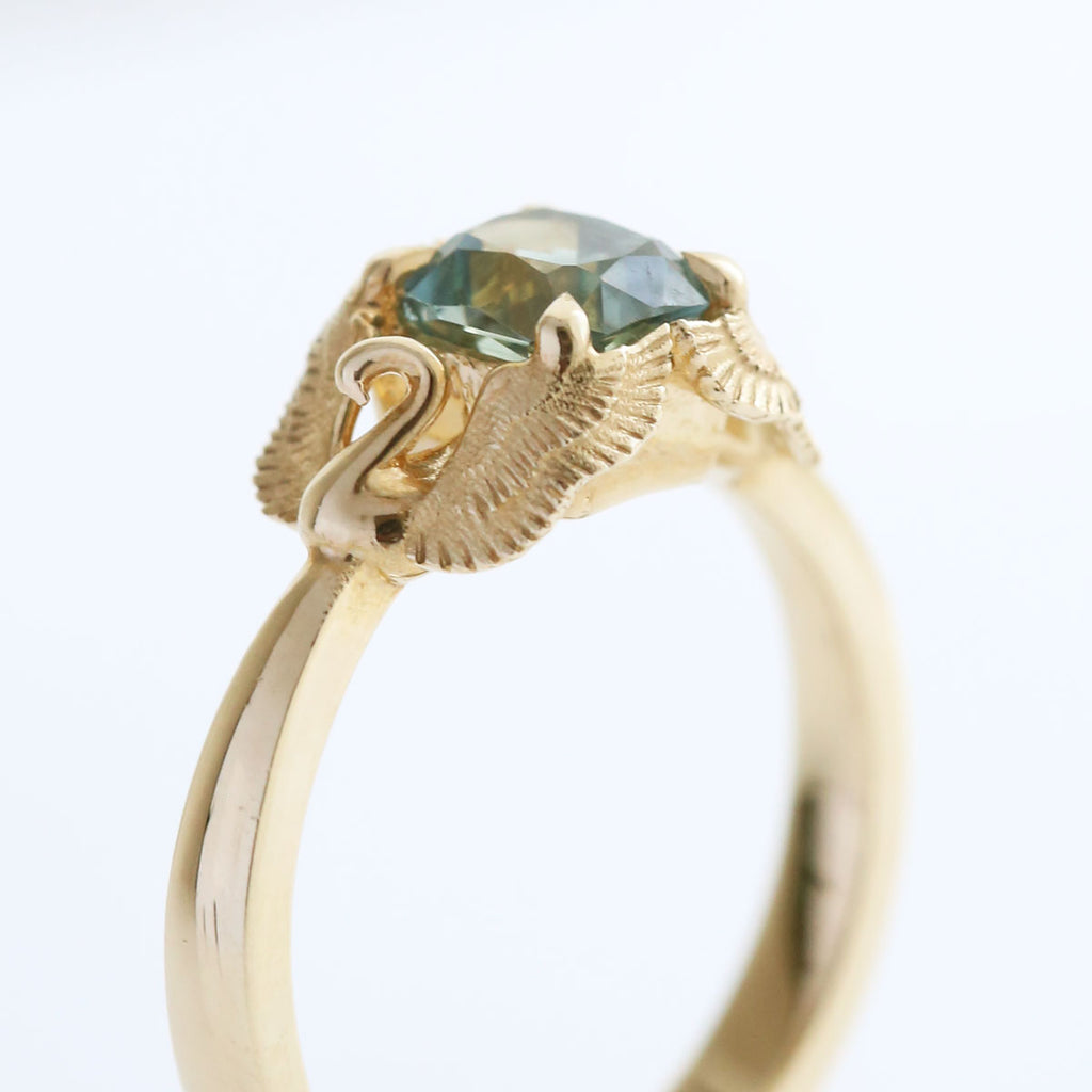 1.4 carat Parti Blue/Green/Yellow Sapphire Swan Queen ring in 9 carat Yellow Gold