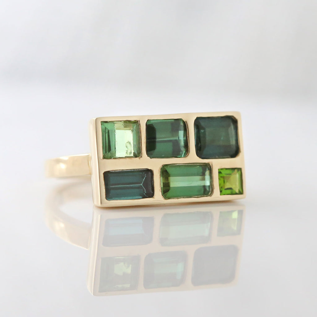 Blue and Green Tourmaline Landscape Rectangle Mosaic ring set in 9 carat Yellow Gold